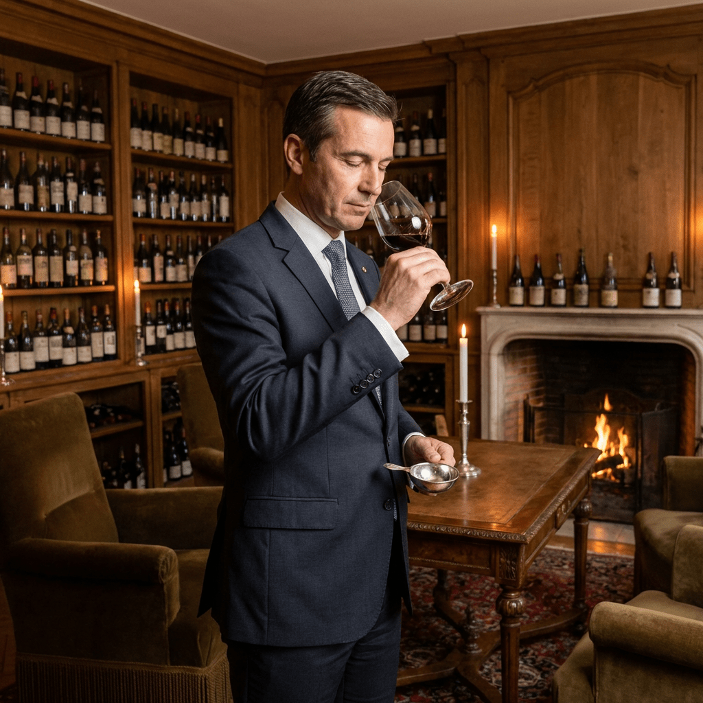 A man in a suit smelling a glass of red wine in a wine cellar.